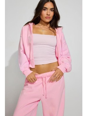 Madmext Pembe Crop Kapşonlu Fermuarlı Kadın Sweatshirt MG2608