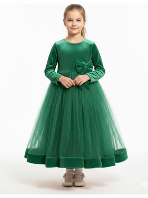 Modanino Kız Çocuk Kadife Elbise-Ül Detaylı-Fiyonk Süslemeli 7-12 Yaş 12441