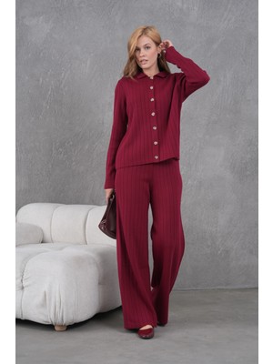 Kadın Gömlek Yaka Düğme Kapama Desenli Ceket Pantolon Ikili Triko Takım