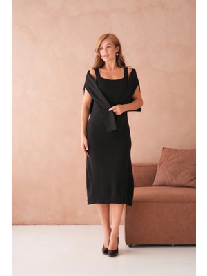 Kadın Bisiklet Yaka Düğme Detay Dokulu Ceket Elbise Ikili Triko Takım