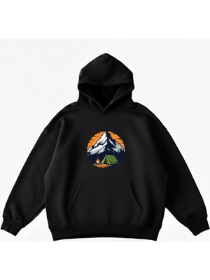 Maki Home Makiteks Siyah Pamuklu Unisex Kanguru Cepli Kapüşonlu Rahat Kesim Camping Baskılı Sweatshirt