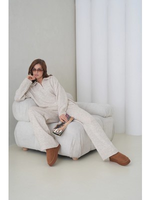 Kadın Polo Yaka Yarım Pat Oversize Kazak Pantolon Ikili Triko Takım