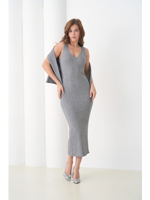 Kadın Bisiklet Yaka Düğme Kapama Kaşkorse Ceket Elbise Ikili Triko Takım