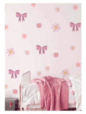 Wallhuman Pembe Kurdelela Çiçekleri Çocuk Odası Duvar Stickeri