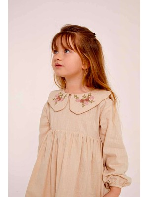 Kız Çocuk Yakası Çiçek Desenli Keten Elbise