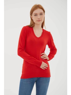 Fashion Friends Esnek V Yaka Kırmızı Kadın Kazak 25K0778K1