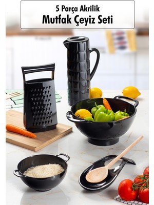 FRY Akrilik Siyah 5 Parça Sürahi & Rende & Süzgeç & Mini Süzgeç & Kaşıklık & Mutfak Çeyiz Seti