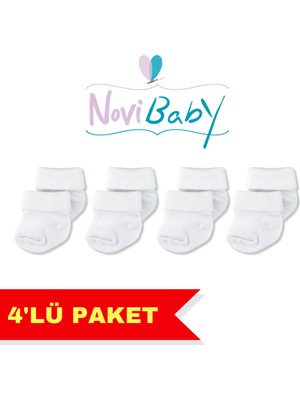 Novibaby 4'lü Bambu Bebek Çorap, Yenidoğan Bebek Çorabı, Kız Erkek Çocuk, Beyaz