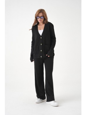 Kadın V Yaka Cep Detay Düğme Kapama Oversize Ceket Pantolon Ikili Triko Takım