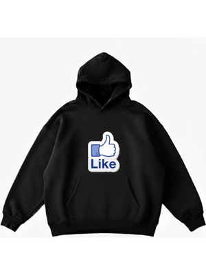 Maki Home Makiteks Siyah Pamuklu Unisex Cepli Kapüşonlu Rahat Kesim Like Baskılı Sweatshirt