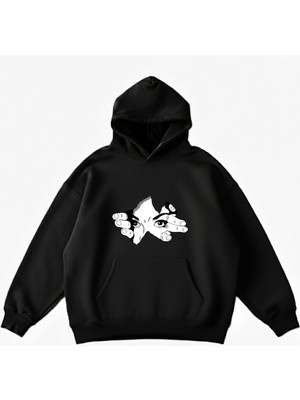 Maki Home Makiteks Siyah Pamuklu Unisex Cepli Kapüşonlu Rahat Kesim Face Baskılı Sweatshirt
