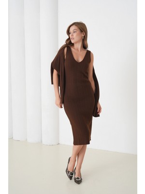 Kadın Bisiklet Yaka Dokulu Kazak Elbise Ikili Triko Takım