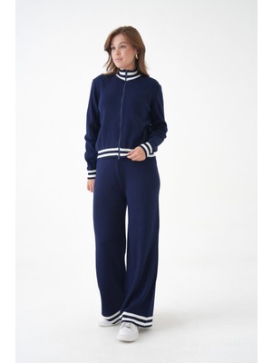 Kadın Dik Yaka Fermuar Kapama Çizgili Kaşkorse Ceket Pantolon Ikili Triko Takım