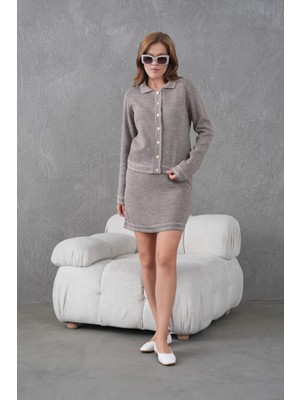 Kadın Gömlek Yaka Düğme Kapama Desenli Ceket Etek Ikili Triko Takım