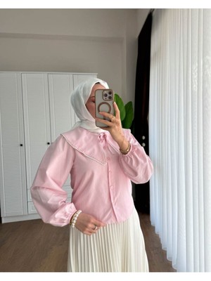 Miraydin Butik Kadın Etek Üstü Bebe Yaka Incili Pembe Gömlek