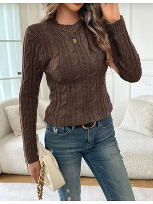 Bisiklet Yaka Saç Örgü Desen Kadın Triko Kazak