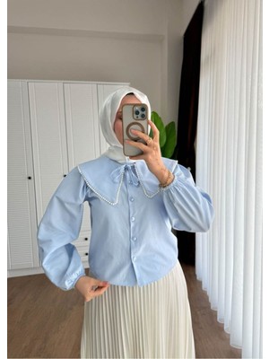 Miraydin Butik Kadın Etek Üstü Bebe Yaka Incili Bebe Mavisi Gömlek