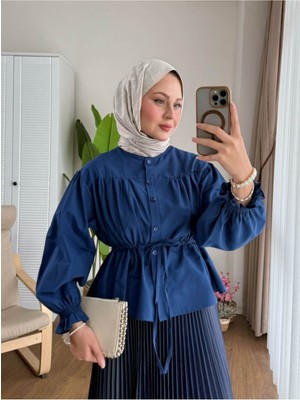 Miraydin Butik Kadın Etek Üstü Belden Büzgülü Gömlek M24140 - Lacivert