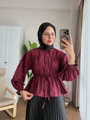 Miraydin Butik Kadın Etek Üstü Belden Büzgülü Gömlek M24140 - Bordo