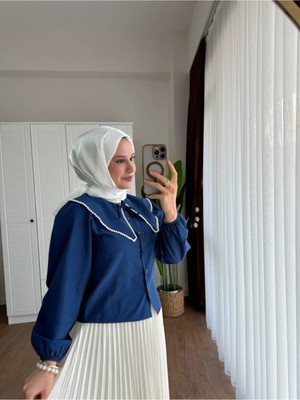 Miraydin Butik Kadın Etek Üstü Bebe Yaka İncili Lacivert Gömlek