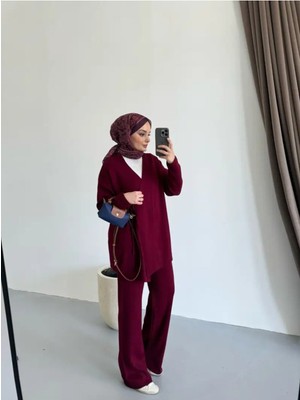 Miraydin Butik Kadın Yandan Bağlamalı Triko Takım Tesettür - Bordo