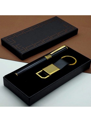 Pilelistore Hediyelik Siyah Kalem ve Gold Deri Anahtarlık Kutulu Set