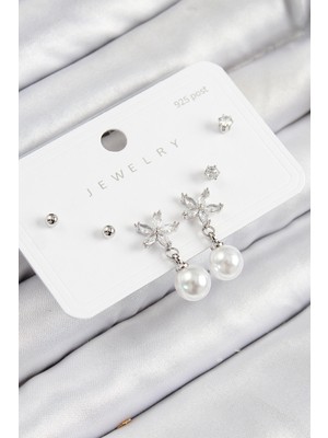 Skygo Pirinç Zirkon Taşlı İnci Sallantılı Çiçek Model Gümüş Renk 925 Ayar Gümüş Çivi Kadın Küpe Set - TJ-BKP11176