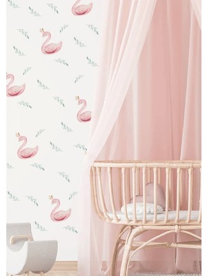 Wallhuman Pembe Kuğular ve Yapraklar Çocuk Odası Duvar Stickerı