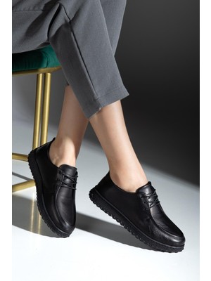 Alpelli Kadın Siyah Hakiki Deri Yumuşak Tasarım Ortopedik Hafif Oxford Casual Ayakkabı