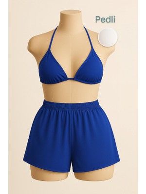 Pileli Store Pilelistore Kadın Mavi Şortlu Belden ve Boyundan Bağlamalı Bikini Takımı