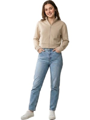 Scuba Kumaş Uzun Kollu Fermuarlı Crop Spor Ceket | Bej -Krem