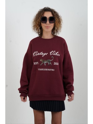 Zelish My Sister Bordo Kaplan Baskılı Nakışlı Sweatshirt