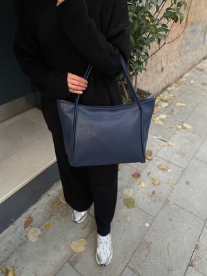 Purpleart Kadın Lacivert Fermuarlı Kapamalı Büyük Boy Omuz Çantası 28X42CM