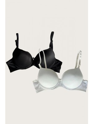 Pileli Store Pilelistore Siyah-Beyaz 2'li Mikro Kumaş Push Up Dolgulu Balenli Günlük Destekli Sütyen