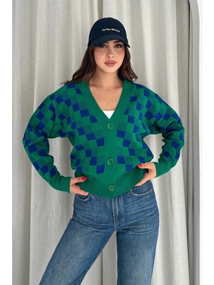 Kare Desenli Kısa Hırka Yeşil