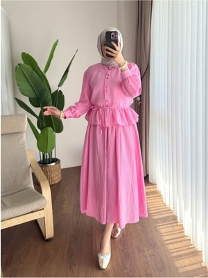 Miraydin Butik Kadın Fırfır Gömlekli Etekli Takım M2512 - Pembe