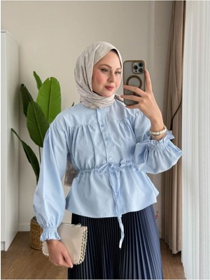 Miraydin Butik Kadın Etek Üstü Belden Büzgülü Gömlek M24140 - Bebe Mavisi
