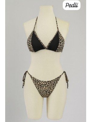Pilelistore Kadın Siyah ve Leopar Detaylı Yandan Bağlamalı Bikini Takımı