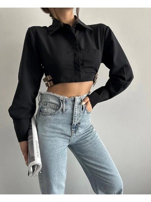 Zengezur Mall Drnds Yanı Kemer Detaylı Crop Gömlek Siyah S4009 (Beden: 40)