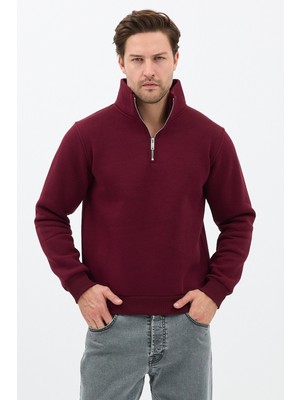 Sparrow Unisex Regular Fit Pamuklu Dik Yaka Yarım Fermuarlı Sweatshirt Bordo - S