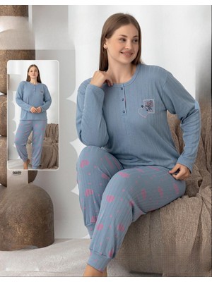 Lindros Kadın Pamuk'lu Düğme Yaka Raporlu Interlok Kışlık Battal Pijama Takımı 0242 - 1 Adet