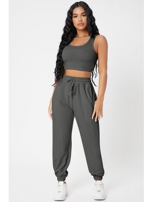 Pilelistore Kadın Antrasit Gri Kaşkorse Cepli Jogger Eşofman Altı ve Crop Top Bluz