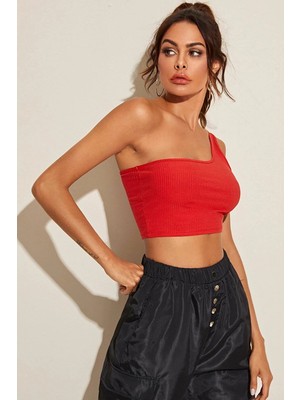 Pileli Store Pilelistore Kadın Kırmızı Tek Omuz Crop Büstiyer