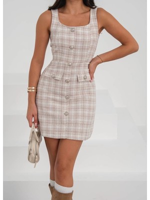 Zengezur Mall Drnds Askılı Ch Kumaş Düğmeli Elbise Pudrabeyaz H265007 (Beden: M)