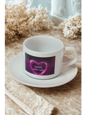 Ahinur Mutfak Romantik Tasarım Porselen Kupa – “aşkımla Sohbet Vakti” Baskılı – Hediyelik Kahve Fincanı ve Tabak Seti