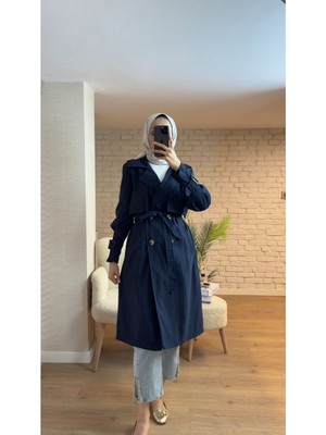 Miraydin Butik Kadın Ceket Yaka Kol Detaylı Trençkot Lacivert
