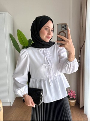 Miraydin Butik Kadın Balon Kol Etek Üstü Gömlek M1111 - Beyaz