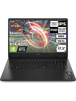 Hp Omen 17-DB0021NT Ryzen 7 8845HS 40-Gbddr5 1 Tbssd RTX4070 (8GB-115W-GDDR6) 17.3" 144Hz Fhd Windows 11 Home Gaming Laptop A44QSEAAT78