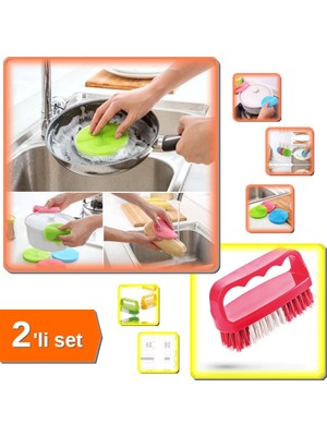 Hereveoyuncak 2 Adet Silikon Bulaşık Fırçası - Nihale Tutacak + Tırnak ve Yaka Fırçası - 2li Set G2F6G8