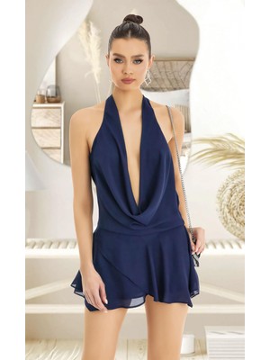 Pilelistore Lacivert Sırt ve Göğüs Dekolteli Fantezi Mini Elbise